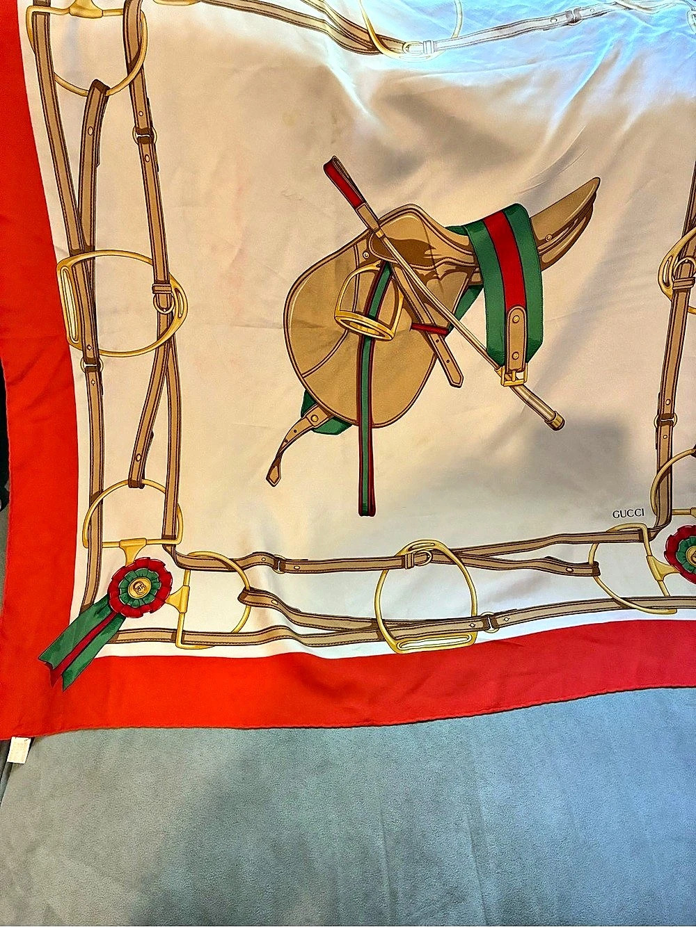 Gucci Vintage Equestrian Bridle and Saddle Silk Scarf Red & Green